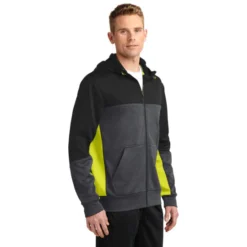 Sport-Tek® Tech Fleece Colorblock Full-Zip Hooded Jacket -Travel Storage Store ST245 Blackgraphitehthrcitron model 3q 072014 550x550.jpg