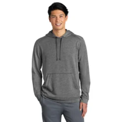 Sport-Tek ® PosiCharge ® Tri-Blend Wicking Fleece Hooded Pullover -Travel Storage Store ST296 darkgreyheather model front 012019 550x550.jpg