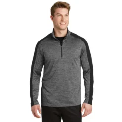 Sport-Tek® PosiCharge® Electric Heather Colorblock 1/4-Zip Pullover -Travel Storage Store ST397 greyBlackelectric model front 072017 550x550.jpg