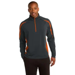 Sport-Tek® Sport-Wick® Stretch 1/2-Zip Colorblock Pullover -Travel Storage Store ST851 chrclgreydeeporange model front 072014 550x550.jpg